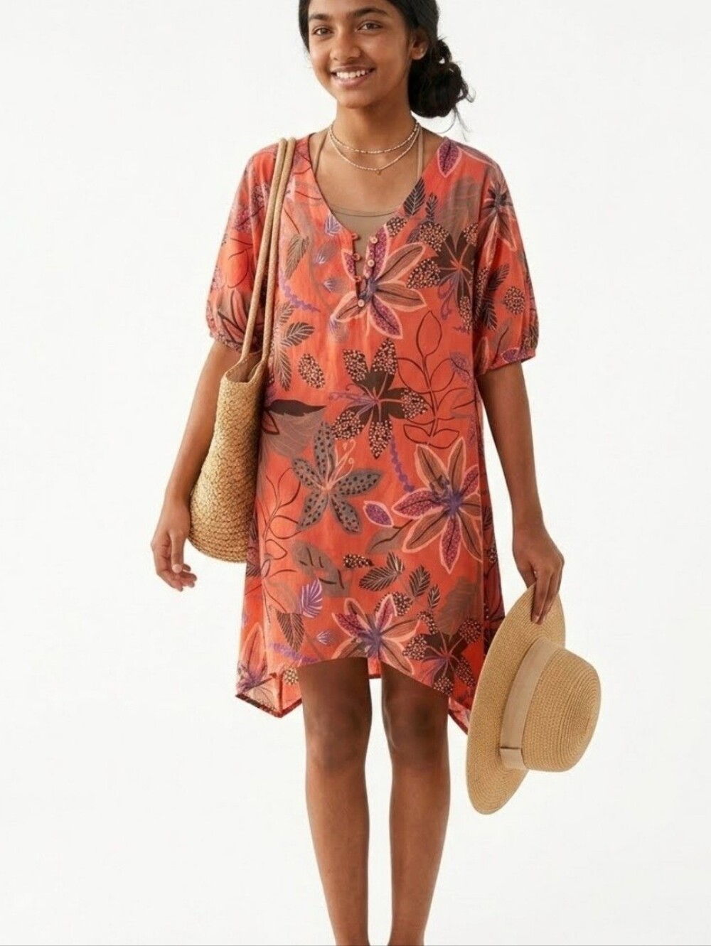 Darling Orange Peach Floral V-Neck Swim Cover-Up SL 🇮🇹